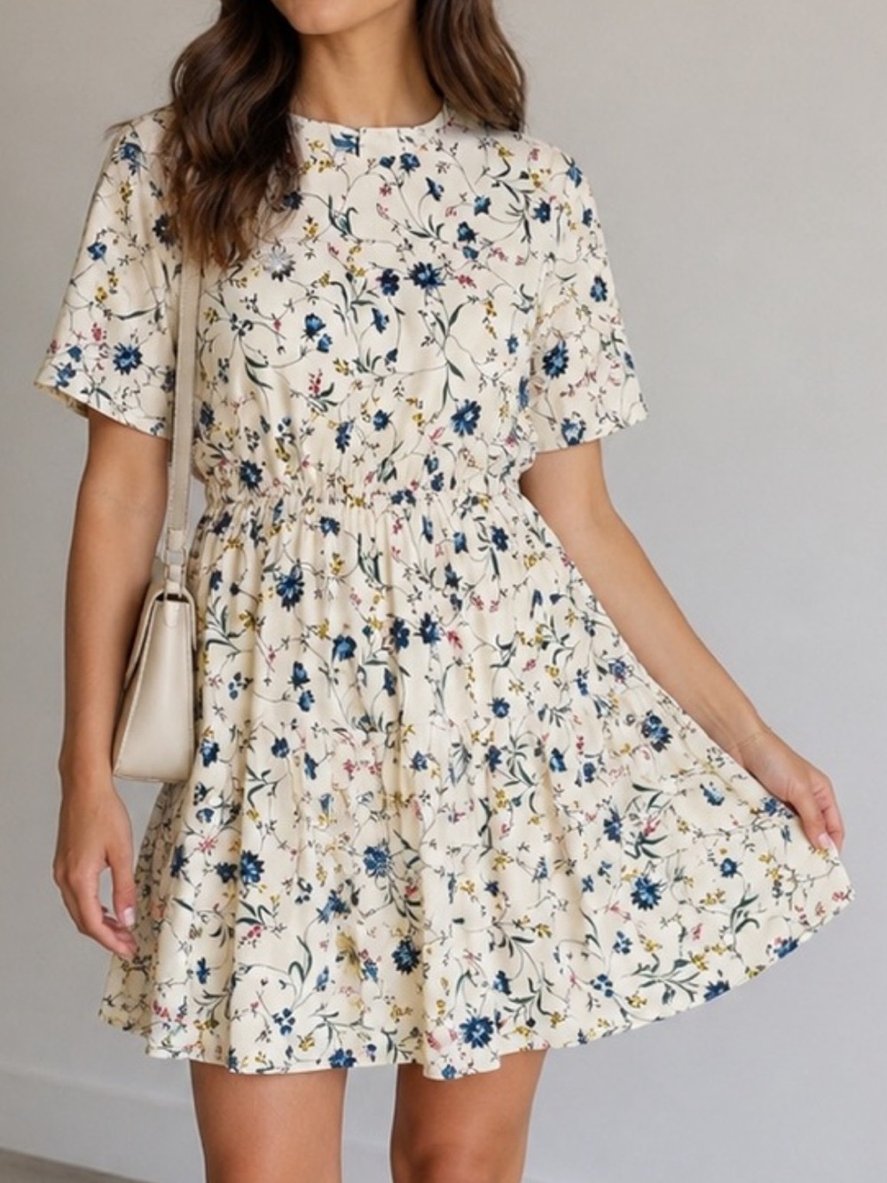 Floral Tiered Mini Dress in Cream - Women's Summer Dress